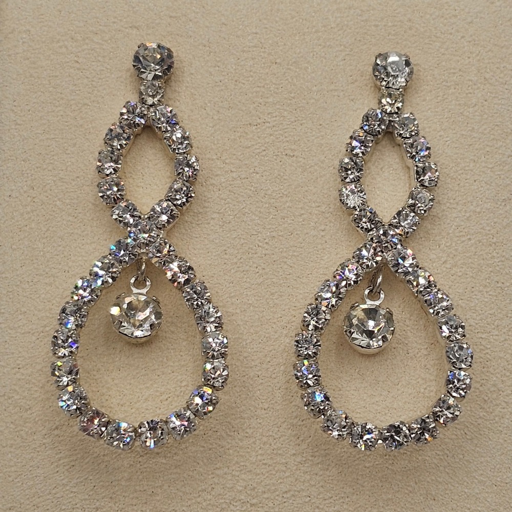 Y2K Clear Crystal Rhinestone Double Teardrop Drop Earrings Formal Bridal Sparkle - Picture 2 of 15